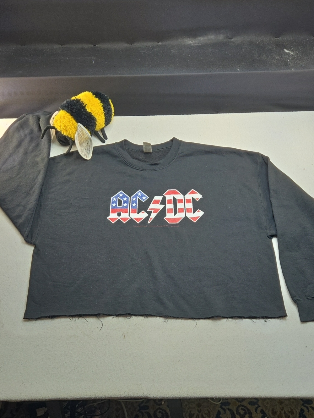 AC/DC Black Crop Long-Sleeve Tee with American Flag Logo